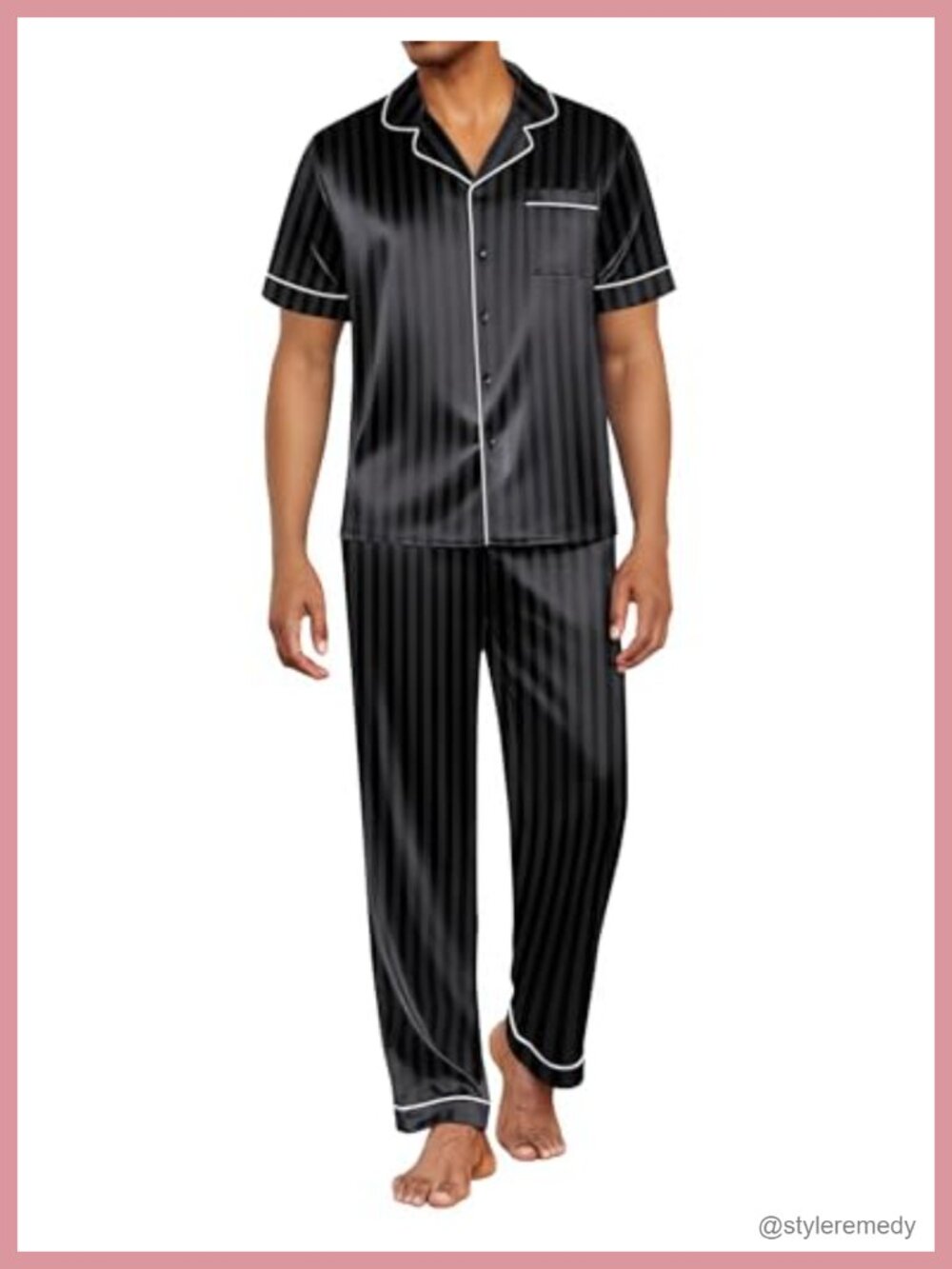 Men's Satin Pajama Set Short Sleeve Button Down Sleepwear with Pants